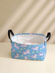 1pc Cartoon Pony Print Open Storage Box, Multifunctional Storage Basket With Handle, Holiday Gift, Mother's/Father's Day Gift, Baby Supplies Storage, Diaper Storage, Daily Organizer For Living Room, Bathroom, Kitchen, Foldable Clothes Storage, Cute & Lightweight, Suitable For Home, Kids, Nursery
