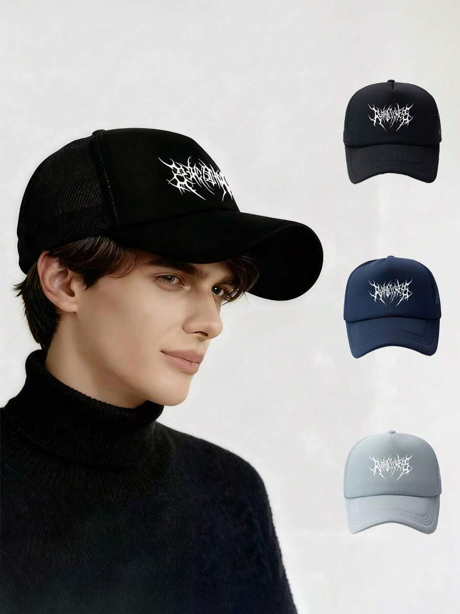 1pc Printed Baseball Cap, Fashionable Mesh Cap, Lightweight And Breathable Curved Brim Cap, Personalized Street Hat, Casual And Simple Trucker Hat, Outdoor Hat For Travel, Hiking, Mountaineering, Fishing, Sports, Golf