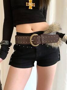 1pc Women's Brown PU Leather Double Row Antique Copper Rivet Fuzzy Belt
