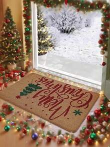 Christmas Tree Geometric Pattern Anti-Slip Bath Mat, Machine Washable Woven Polyester Doormat, Suitable For Bathroom, Bedroom, Kitchen, Laundry Room - Plush Rectangular Holiday Entrance Mat Kitchen Rug - Multicolor - View 4