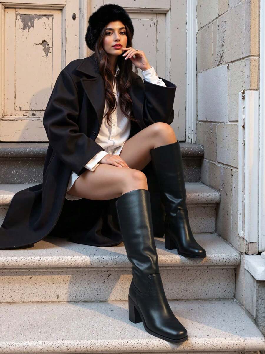 Women's Elegant Ankle Boots Side Zipper Pointed Toe Kitten Heel Mid Calf Boots Elastic Fashion Dress Boots - 黑色 - 查看 1