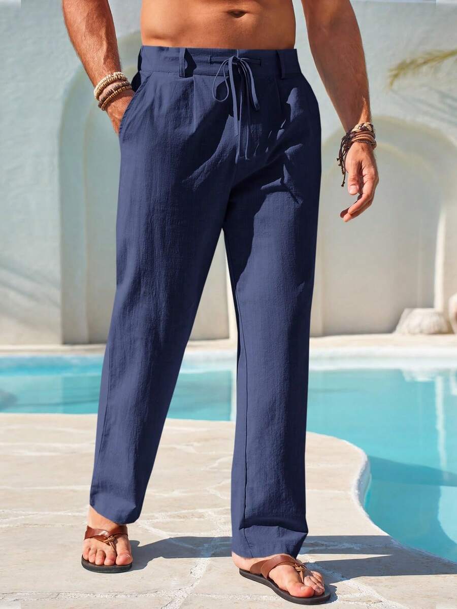 Men's Elastic Waist Beach Joggers Linen Cotton Drawstring Closure Lightweight Loose Style Yoga Ready - Màu xanh hải quân - Xem 1