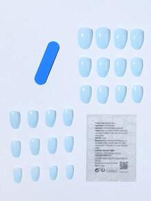 Instantly Upgrade Your Look! This 24pcs Set Of Black Oval Short Glossy Color Press-On Nail Strips, Paired With Macaron Candy Color Acrylic Nails, Includes 1pc Gel And 1pc Nail File, Suitable Women And Girls Daily Work, Study And Party Use. - 淺藍色 - 查看 3