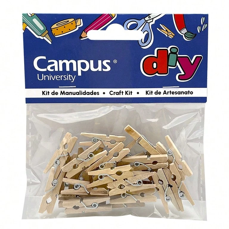 Busta multiuso Set Manualidades Campus University Pinzas Pequeñas de Madera NaturalSet manualidades pinza madera de natural pequeño 250 x 80 mm. Bolsa 25 unid - Piccole pinzette naturali - Visualizzare 1