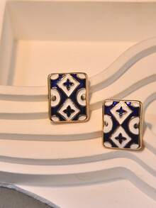 1 对复古几何珐琅奢华耳环，优雅设计，适合女性