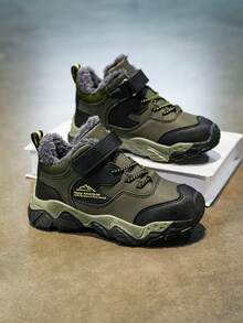 1 Pair Children's High-Top Warm Sports Shoes, Thermal-Lined Thick Warm Non-Slip Mid-Top Hiking Boots, Suitable For Children And Teenagers Outdoor Wear In Winter, Fashionable And Stylish For Boys - Green - View 6