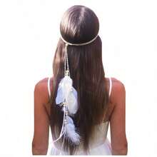 Feather Headband Hippie  Boho Hair Bands Tassel Bohemian Halloween Hair Hoop Women Crown Hairband Party Decoration Headdress Cosplay Costume Headwear Headpiece Cute Hair Accessories Headband - WhiteHeadband1 - Xem 2