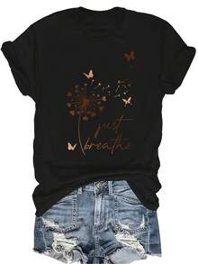 [Camiseta de Moda Casual] Camiseta de mujer suave y cómoda - Mariposa y diente de león Estampado de arte casual de manga corta y cuello redondo, regalo perfecto para la abuela y la mamá, uso casual de primavera y verano - Negro - Ver 1