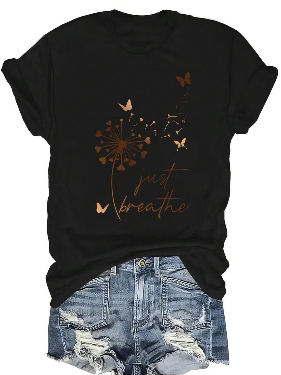 [Camiseta de Moda Casual] Camiseta de mujer suave y cómoda - Mariposa y diente de león Estampado de arte casual de manga corta y cuello redondo, regalo perfecto para la abuela y la mamá, uso casual de primavera y verano - Negro - Ver 1