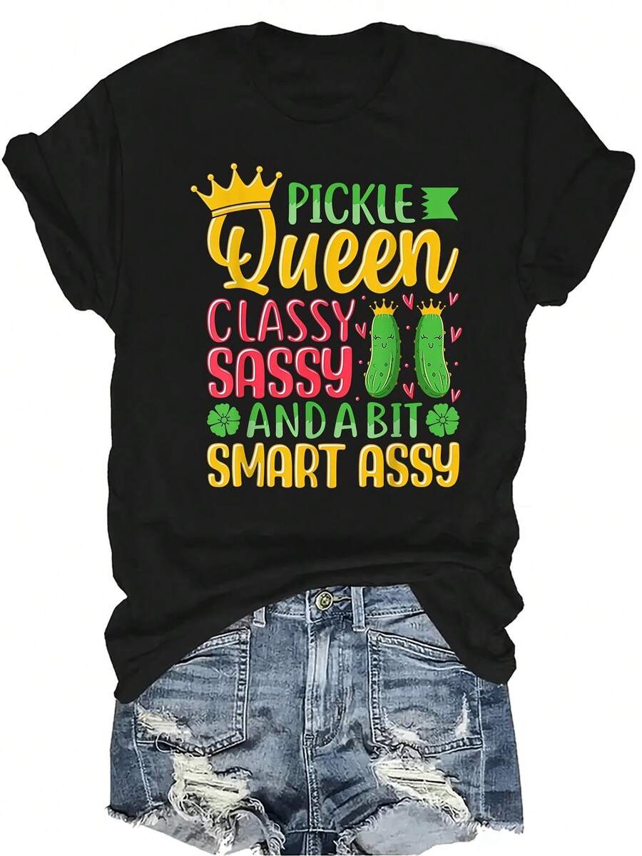 [Camiseta de moda casual] Camiseta de mujer suave y cómoda - Reina del pepino, elegante, atrevida e inteligente, de manga corta y cuello redondo, un regalo perfecto para la abuela y la mamá, para usar en primavera y verano de manera casual - Negro - Ver 1