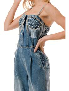 Embellished Denim Wide-Leg Jumpsuit With Pearl & Chain Fringe  Plain    Casual    Denim    Knot  Embroidery    Night Out  Holiday  Daily - 藍色 - 查看 5
