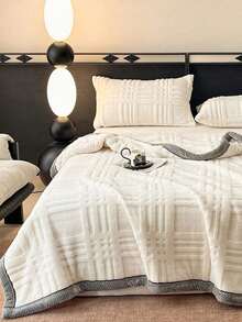 1pc White Plaid Jacquard Trim Taffeta Fleece Warm Thick Blanket, Soft & Skin-Friendly, Multi-Size & Multi-Purpose For Office, Living Room, Bedroom