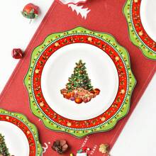 1 Pc Christmas Tree Scalloped Dinner Plate, Christmas Gatherings 10.5" Ceramic Dinner Plate, Or 8.5" Christmas Soup Plate, Set Of 1, Christmas Dinner Plate Soup Shallow Bowl, Holiday Designs, Multicolor, Large, Festive Holiday New Bone Porcelaine Plate With Christmas Tree & Green & Red Borders, Microwave, Dishwasher, Freezer, Oven - Collectible Holiday Tableware