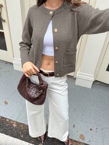 SEREN Autumn And Winter New Women's Round Neck Camel Color Single Breasted Long Sleeved Knitted Cardigan Top, Fashionable, Simple, Versatile, Street Casual And Lazy Style Suitable For Daily Commuting Sweater Coat Women's Clothing Chic Autumn