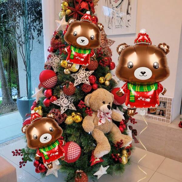 1pc/3pcs Christmas Bear Balloon, Scarf Christmas Bear Shaped, Suitable For Christmas Party Decoration, Window Display, Christmas Tree Hanging Balls, Winter Theme New Year Party Decoration, Indoor And Outdoor Decorative Hanging Accessories