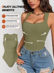 女士性感罗纹吊带露脐连体衣，方领露背设计 - 橄欖綠 - 查看 2