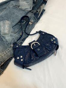 Bolso de motocicleta vintage punk con remaches para mujer, bolso de un hombro bajo el brazo para trabajo y desplazamientos - Azul Marino - Ver 5