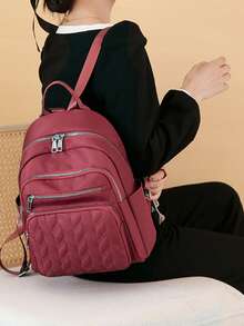 Women's New Rhombus Pattern Large Capacity Travel Casual Oxford Backpack - Red - View 7