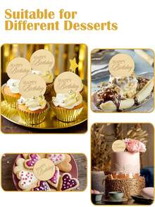 10pcs Gold Mirror Acrylic Cupcake Toppers, Happy Birthday Cake Plate Decorations, Round Birthday Party Dessert Baking Cake Decor - Gold - View 8