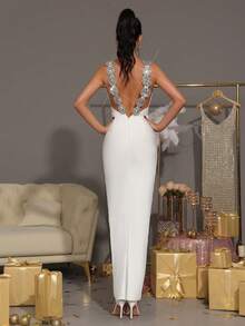 New Black Sexy Sleeveless Backless Heavy Industry Luxury Diamond Tight Long Bandage Dress Elegant Ladies Formal Dinner Party Dress - White - View 2