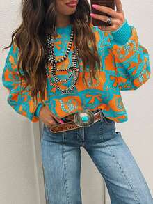 Acelitt Áo len nữ thời trang màu xanh dương kiểu miền Tây, phối màu tương phản, dáng rộng, thích hợp cho mùa đông. - Nhiều màu - Xem 1