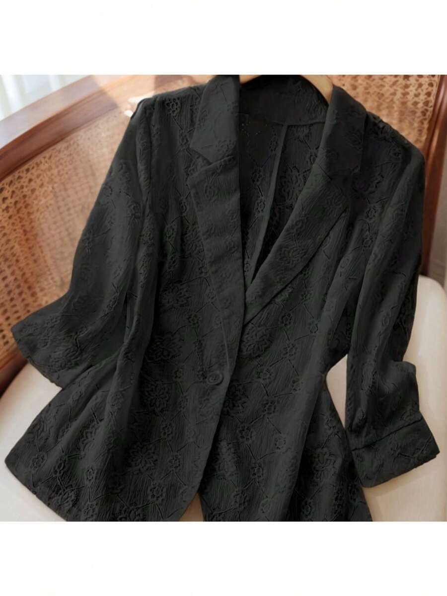 Elegant Solid Color Women's Shirt With Embroidered Lace-Up Detail & Peplum Hem, Notch Lapel Long Sleeve Blouse For Office Wear, Fashionable Spring Summer Fall Dressy Tops