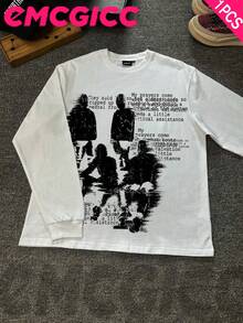 EMCGICC Manfinity Y2k Thin Long Sleeve Shirts ,Graphic T Shirt Cotton 250g,Fashionable Hip-Hop For Men -  Long Sleeve T-Shirts, Funny Vintage Shirts,Regular Fit, Street Style, Digital Print,  Ideal Gift - 白色 - 查看 1