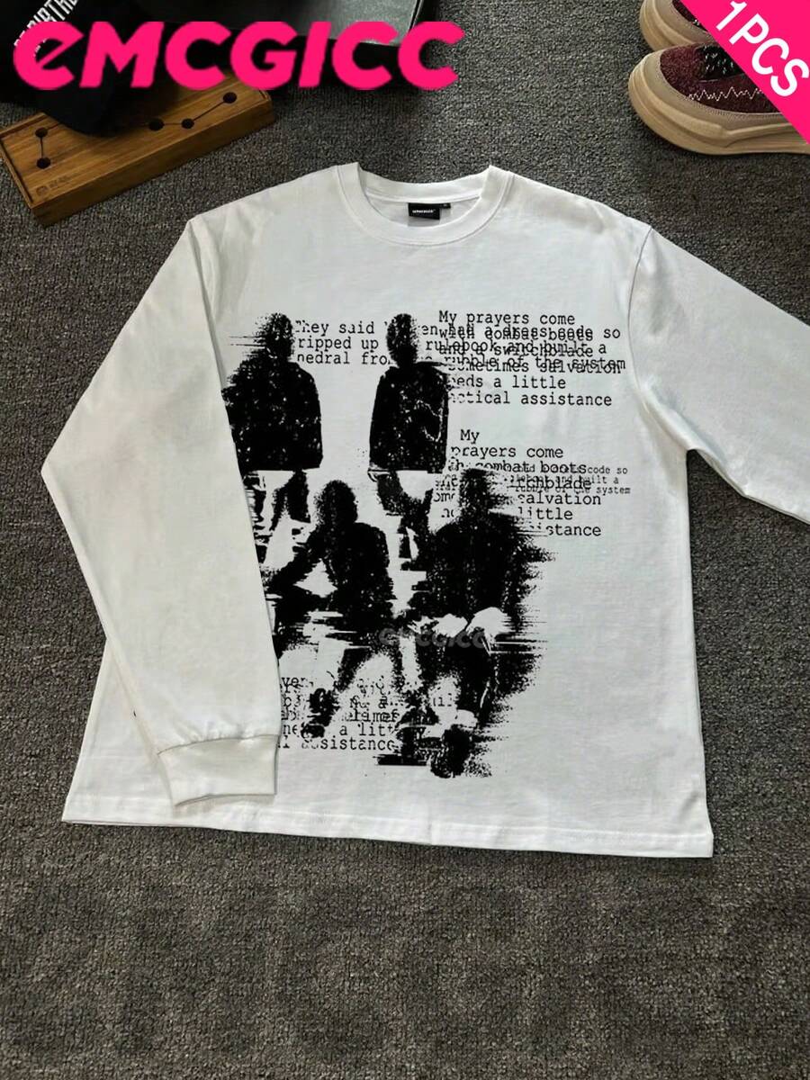 EMCGICC Manfinity Y2k Thin Long Sleeve Shirts ,Graphic T Shirt Cotton 250g,Fashionable Hip-Hop For Men -  Long Sleeve T-Shirts, Funny Vintage Shirts,Regular Fit, Street Style, Digital Print,  Ideal Gift - 白色 - 查看 1