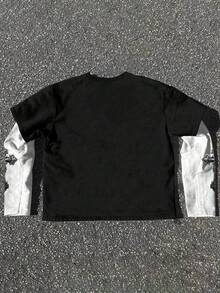 男士二合一长袖T恤，轻薄叠穿设计，短款下摆，春夏轻盈透气，饰有圣母玛利亚十字架图案，时尚休闲日常街头风，送礼佳品 - 黑與白 - 查看 2