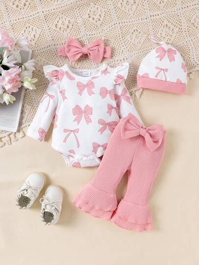 2pcs Newborn Baby (Girl) Cute Soft Long Sleeve Romper + Pants + Hat + Headband Set, Autumn/Winter