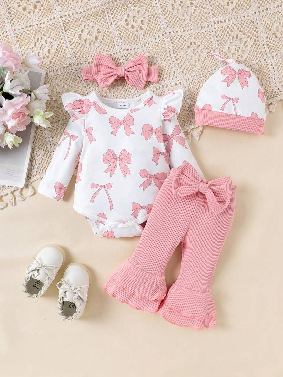 2pcs Newborn Baby (Girl) Cute Soft Long Sleeve Bodysuit + Pants + Hat + Headband Set, Autumn/Winter