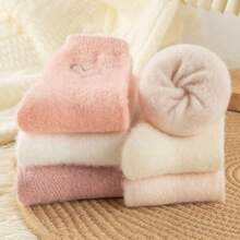 5 双秋冬女士心形刺绣貂皮毛绒袜子，加厚毛绒可爱睡眠/舞蹈中筒袜