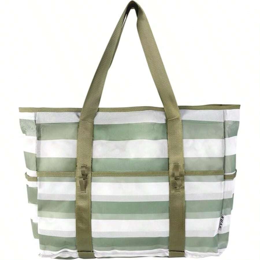 Yoga Bag, Mesh Beach Bag, Large Beach Tote With Top Zipper, 9 Pockets, Inner Waterproof Pocket For Family Pool Vacation Essentials - Wide Grayish-green Stripes - View 1