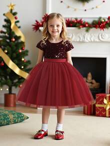 女童亮片网纱公主裙，适合花童、派对和优雅场合，不含头饰