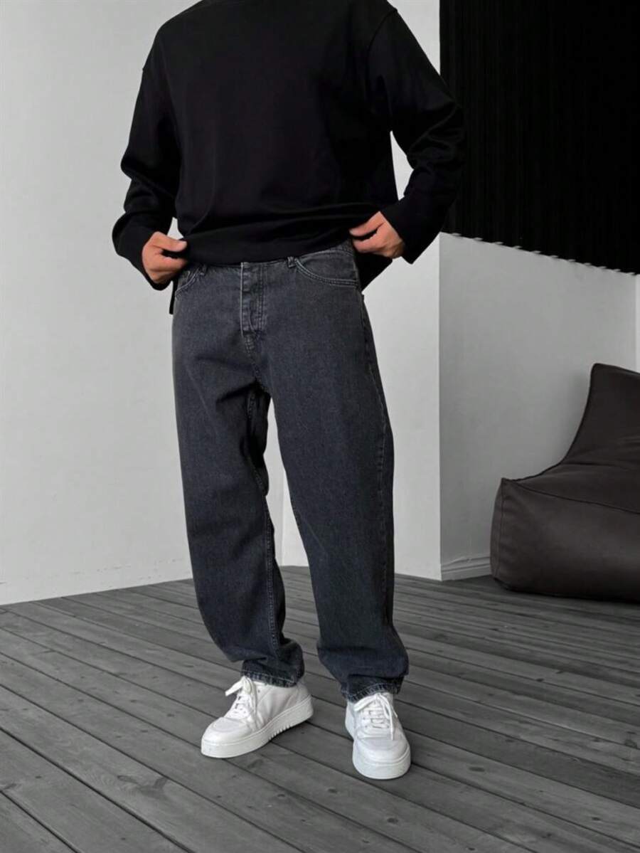 Men's Y2K Straight Leg Jeans, Casual Washed Denim Pants, & Minimalist, Black Jeans - Black - View 1