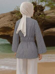 Muslimah Blouse,Elegant Temperament Women's Waist Cinched Long Sleeved Shirt - Black and White - View 3