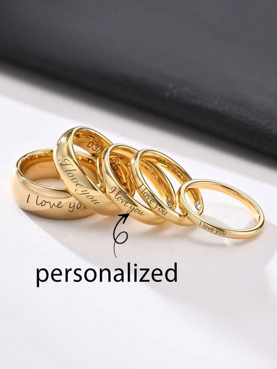 1pc Minimalist Personalized Laser Engraved Smooth Tungsten Steel Gold Color Ring, Couples Ring, Wedding, Valentine's Day, Thanksgiving, Christmas Gift For Girlfriend/Boyfriend - Gold - View 1