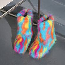 1 Paar bunte Kunstfell Fransen Wadenstiefel, einzigartiger Kontrastfarben Flausch-Details, Nischenstil, Kunstfell Material, auffallend für die Bühne, geeignet für alle Jahreszeiten, weicher Fellreißverschluss für den Hausgebrauch