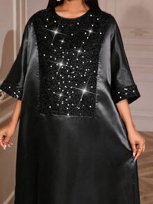 Robe longue africaine élégante pour femmes, col rond, manches chauve-souris, tissu tissé avec des détails de sequins contrastés brillants, sans stretch