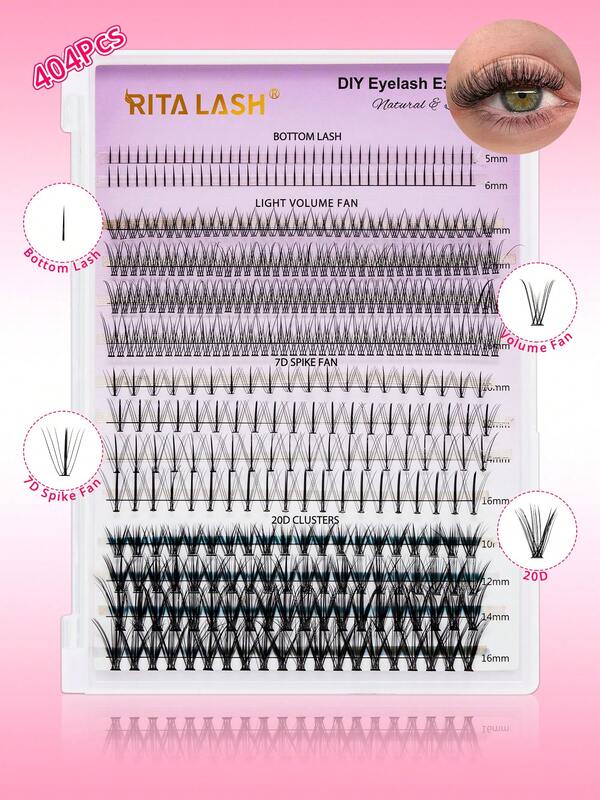 RITALASH RITALASH 404 pièces Grands clusters de cils 4 EN 1 D-Bouclés à forte capacité, extensions de cils DIY, look naturel multi-type, cils inférieurs/éventails de volume/pointes 7D/cils individuels 20D réutilisables, faux cils individuels confortables et ultra doux DIY