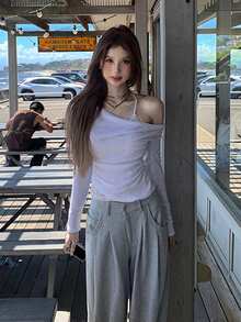 女式荷叶边长袖不对称肩部白色性感T恤 - 白色 - 查看 9