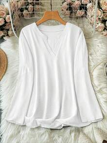 Plus Size T Shirts 2025 Women New Long Sleeve V Neck Oversized Lazy Style Solid Color Peplum Hem Tee Tops Casual Spring Summer