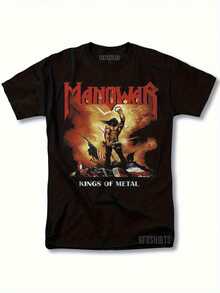 Manowar Könige Des Heavy Metal Vintage Grafik-T-Shirt - 220g Schweres Baumwollshirt In Regular Fit Mit Mutigem Krieger & Flammen-Design, Mittel Elastischer Stoff Für Ganzjahres-Casualwear, Rockband-Merchandise Für Männer & Musikfans, Rock T-Shirts, Fanbekleidung, Retro-Stil Shirt, Nicht Durchsichtiges Material