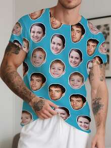 Customized Personalized Boyfriend Style Men's Loose Fit Short Sleeve T-Shirt, Can Print Your And Your Family's Photos, Designed Specially For Parties, Teams, Couples, Work Uniforms And Family Events - Blue - View 3