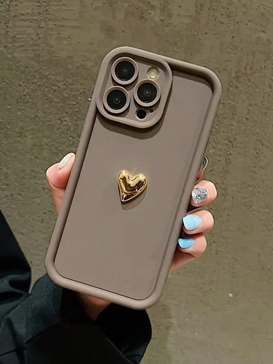 1pc Luxury 3D Golden Heart Soft Silicone Phone Case, Compatible With IPhone 17/17Air/17Pro/17ProMax/16/16ProMax/16Pro/16Plus/XR/15/14 Pro Max/12/13 Pro/11, Candy Color Shock-Proof And Anti-Fall Full Protection,International Version, Not The Domestic Version - Brown - View 1