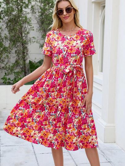 Women's Elegant Floral Print Midi Dress, Short Sleeve, Round Neck, Drawstring Belt - Suitable For All Seasons, Casual To Formal Wear, Casual Wear|Floral Print Dresses|Short Sleeve Tops, Floral Print Dresses ,New Year/New Year Dress/ New Year Clothes