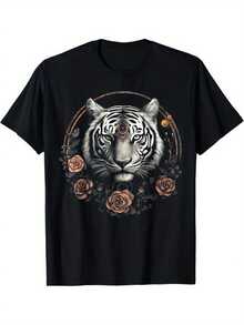 Men's Tiger Art Print, Cotton T-Shirt, Casual Short Sleeve Round Neck Tee, Soft Comfortable Top - Black - View 1