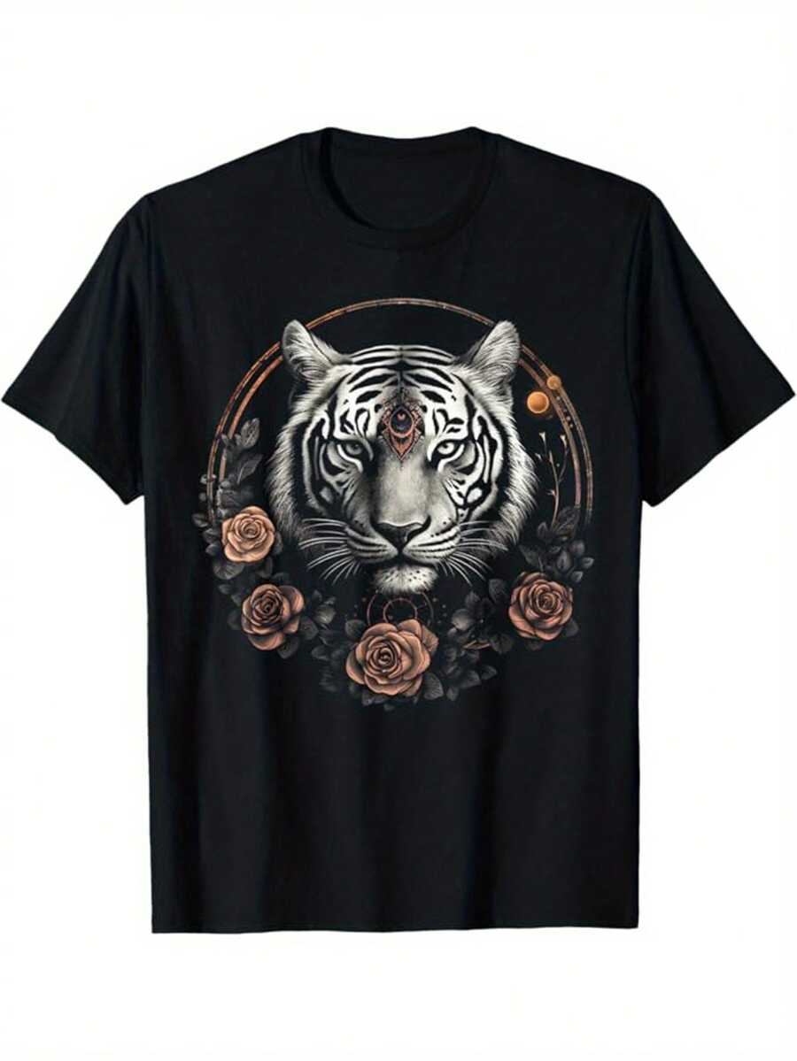 Men's Tiger Art Print, Cotton T-Shirt, Casual Short Sleeve Round Neck Tee, Soft Comfortable Top - Black - View 1