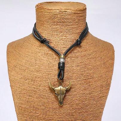 1pc Vintage Minimalist Western Cowboy Style Adjustable Leather Bull Head Pendant Necklace, Suitable For Casual, Banquet, Party, Holiday, Gift