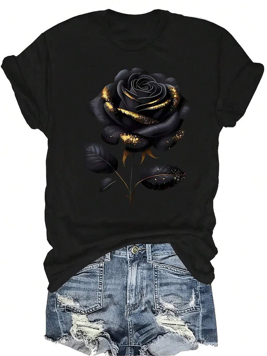 [Camiseta de moda casual] Camiseta suave y cómoda para mujer - Elegancia de rosa dorado negro, manga corta, cuello redondo, casual, regalo perfecto para la abuela y la mamá, uso casual en primavera y verano - Negro - Ver 1